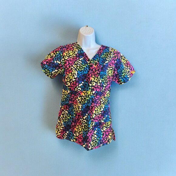 Wonderwink Womens Scrub Top XS Multicolor Animal Print Cotton Workwear - Picture 1 of 6